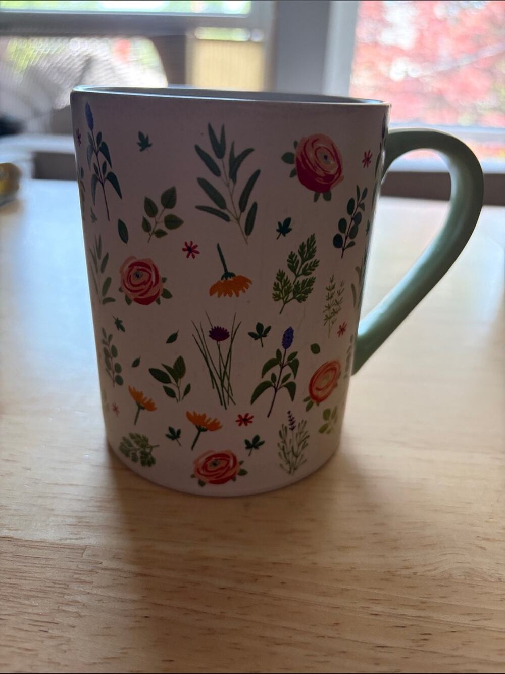 Fringe Studio White Mug with Mint Handle and Multicolor Floral Print